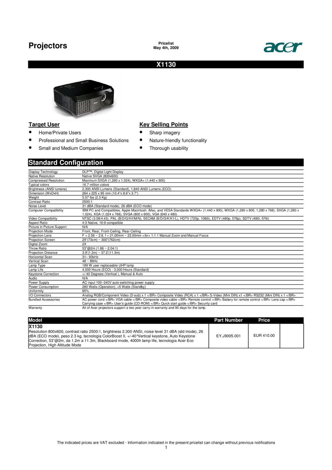 Acer X1130 quick start Standard Configuration 