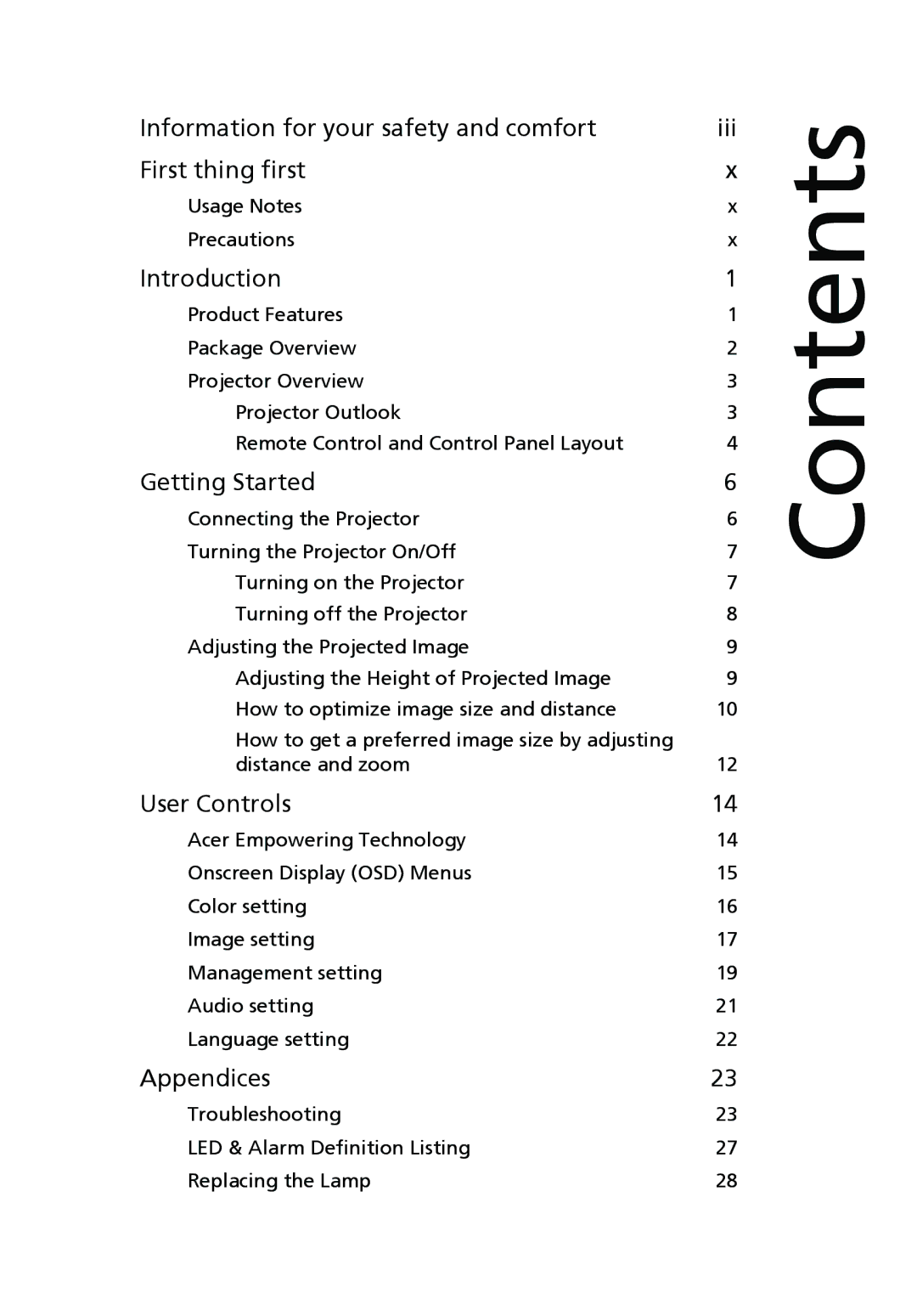 Acer X1160 manual Contents 