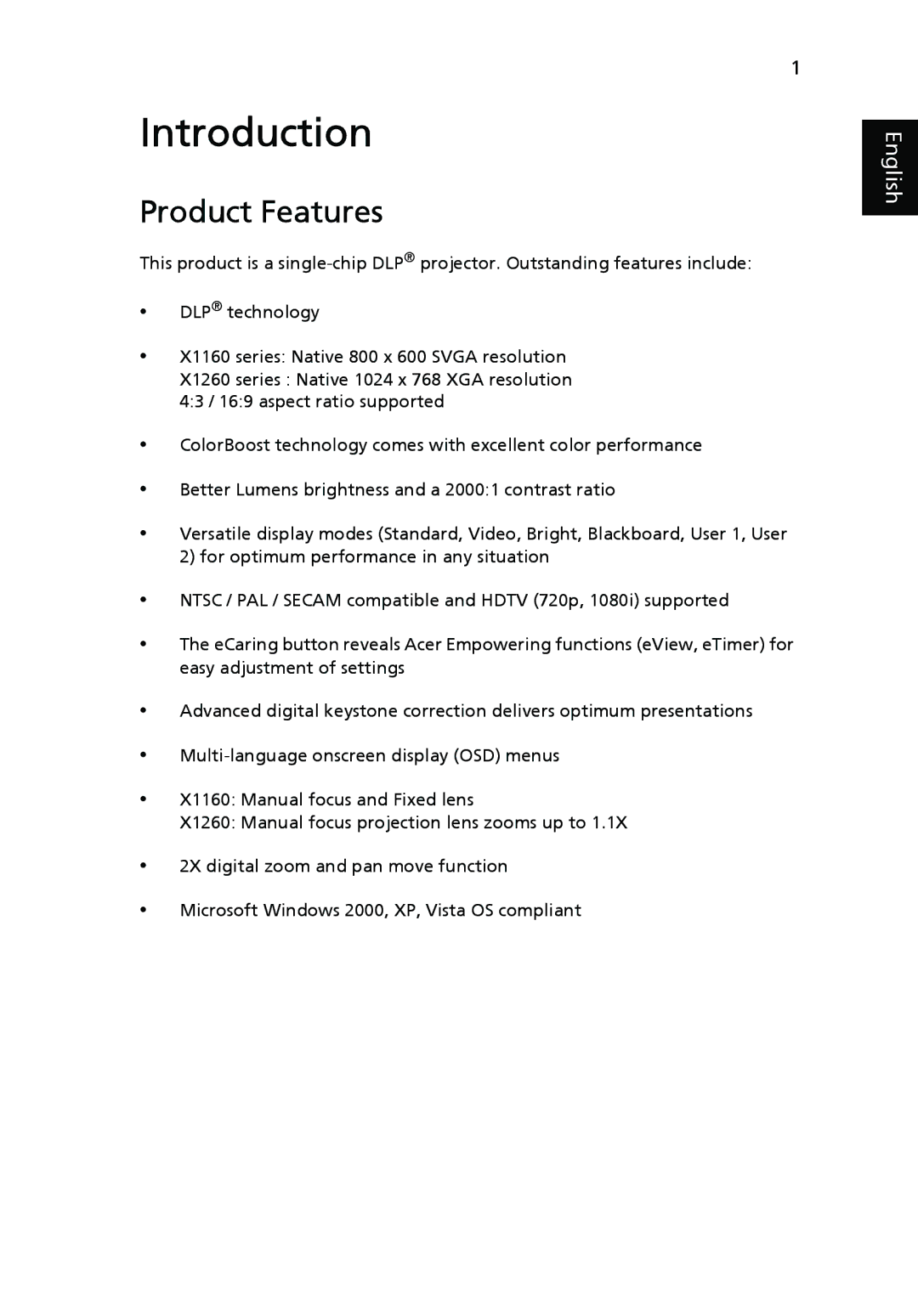 Acer X1160 manual Introduction, Product Features 