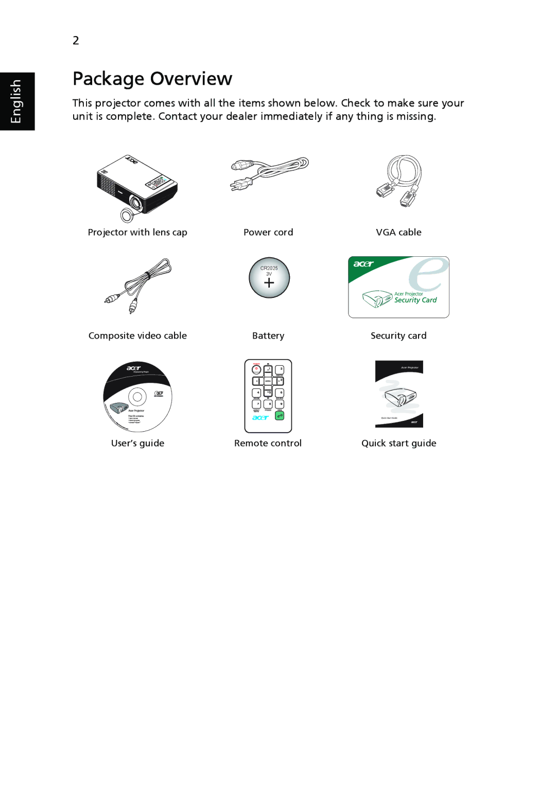 Acer X1160 manual Package Overview 