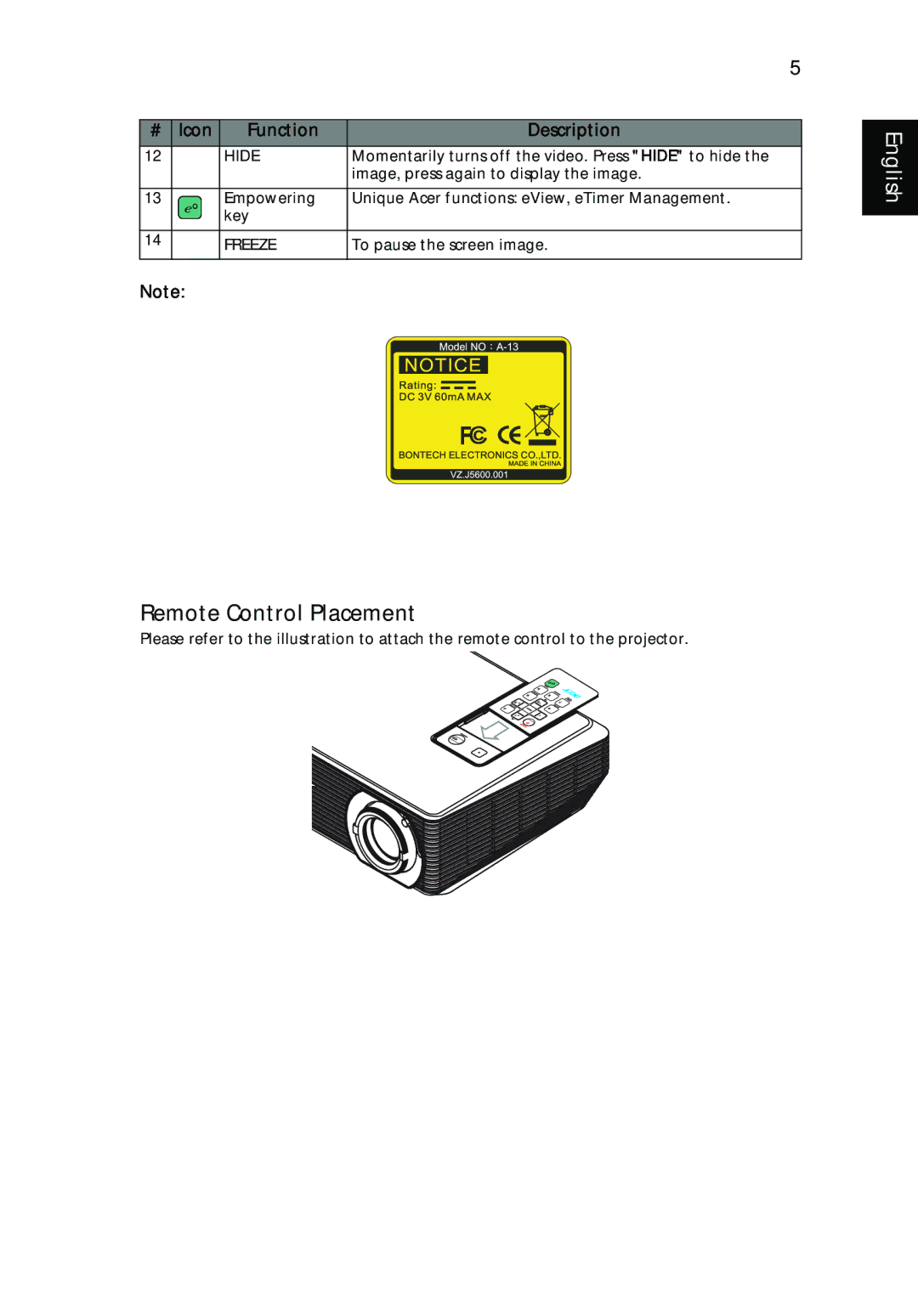 Acer X1160 manual Remote Control Placement, Icon Function Description 