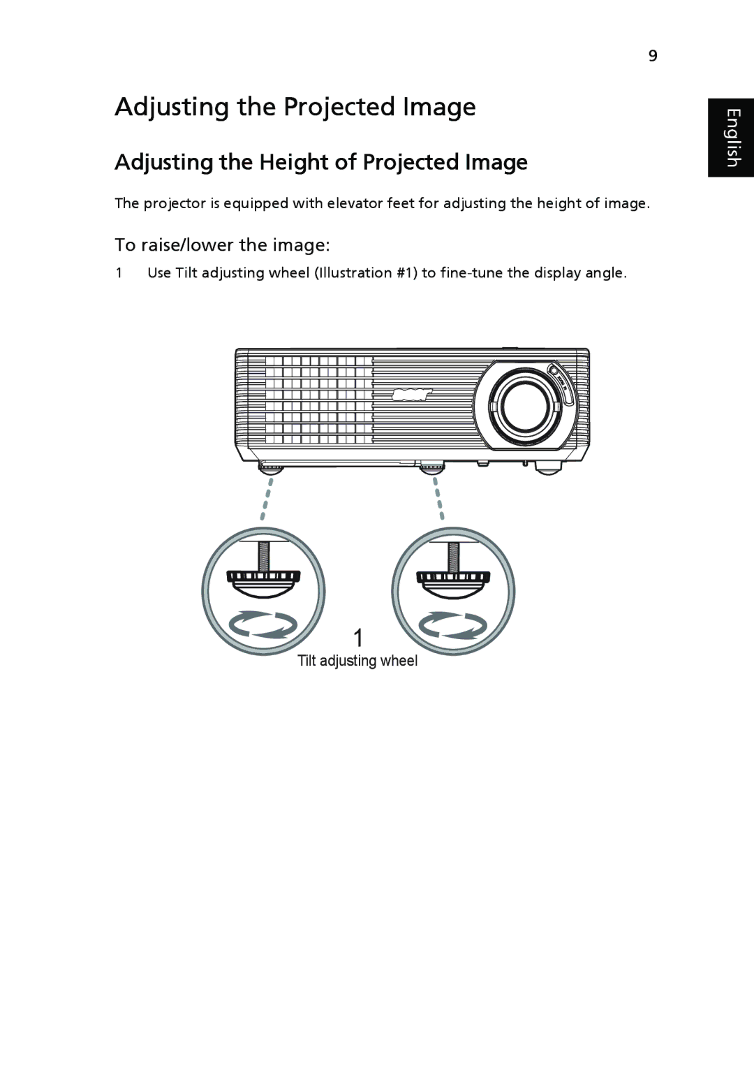 Acer X1160 manual Adjusting the Projected Image, To raise/lower the image 