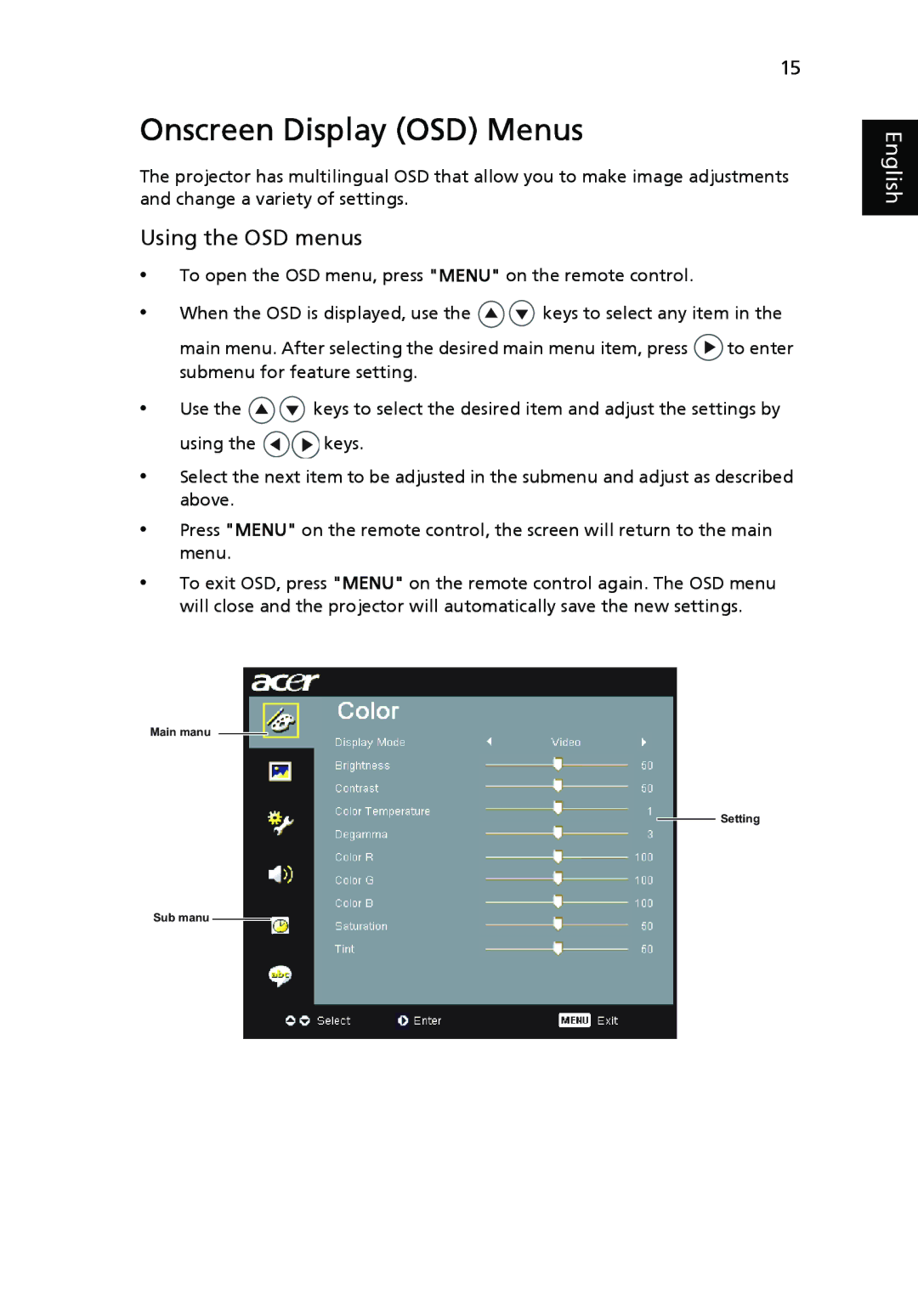 Acer X1160 manual Onscreen Display OSD Menus, Using the OSD menus 