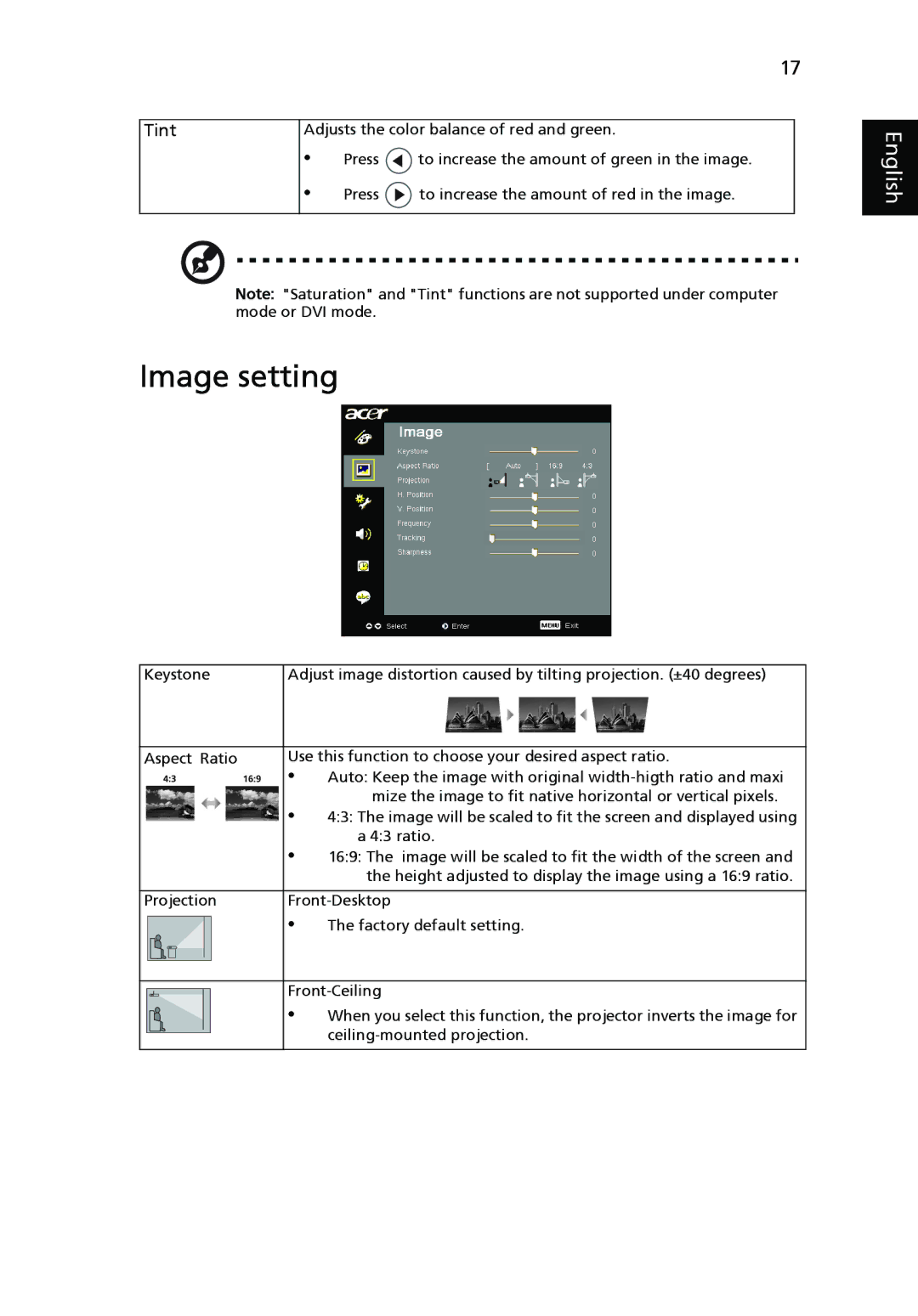 Acer X1160 manual Image setting, Tint 