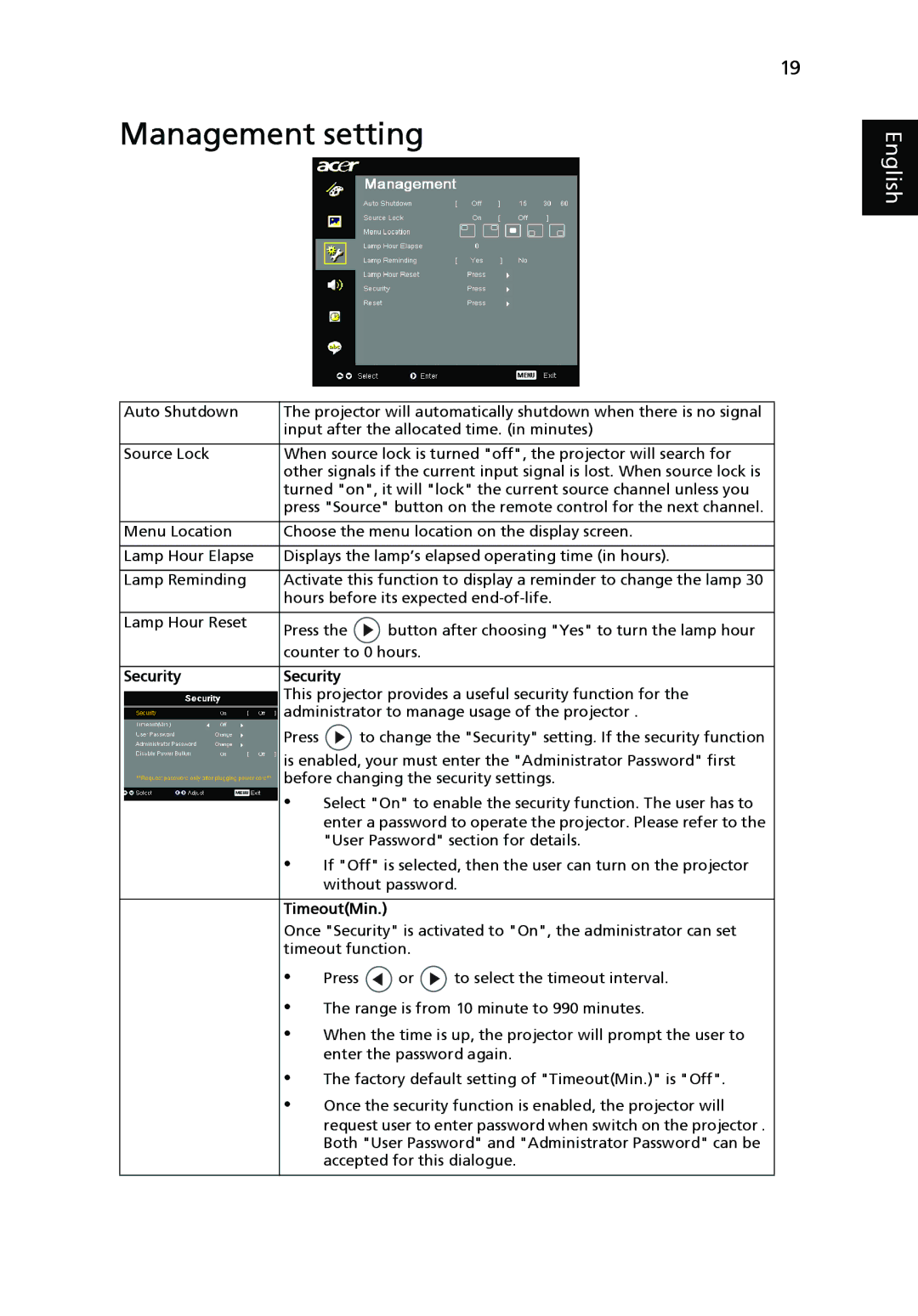 Acer X1160 manual Management setting, Security 