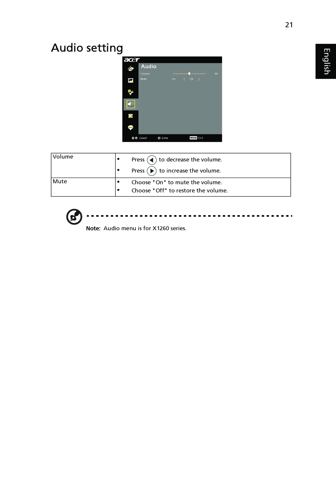 Acer X1160 manual Audio setting 