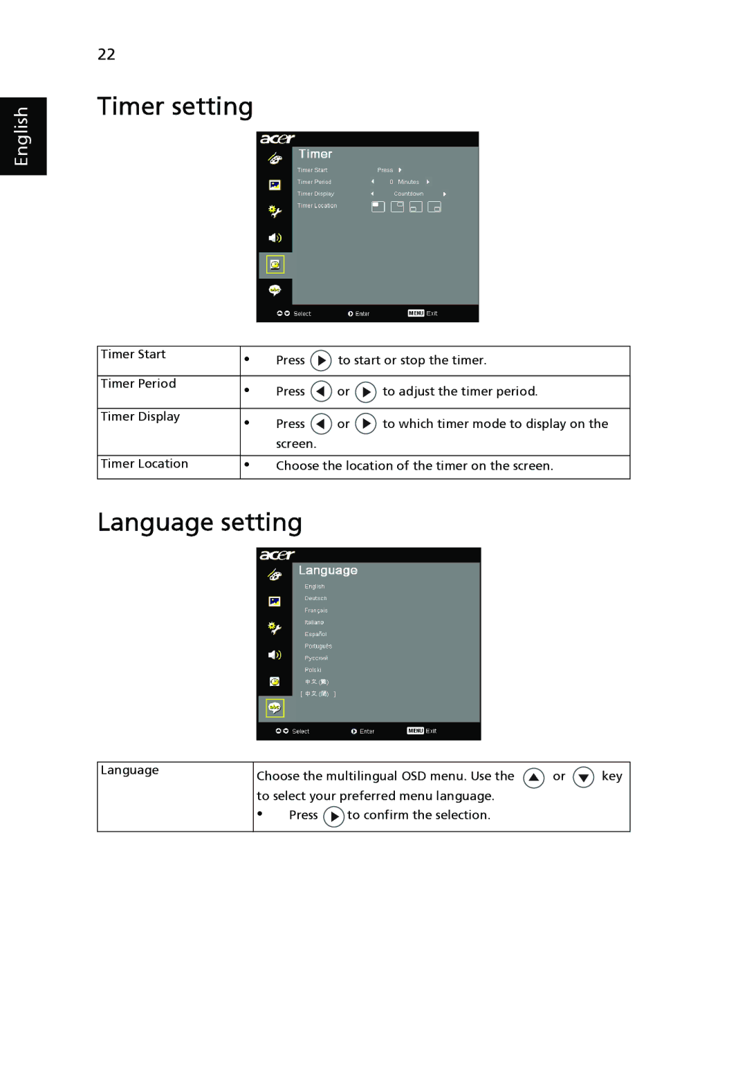 Acer X1160 manual Timer setting, Language setting 