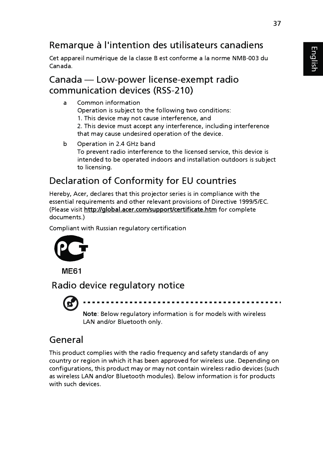 Acer X1160 manual Remarque à lintention des utilisateurs canadiens, Declaration of Conformity for EU countries 