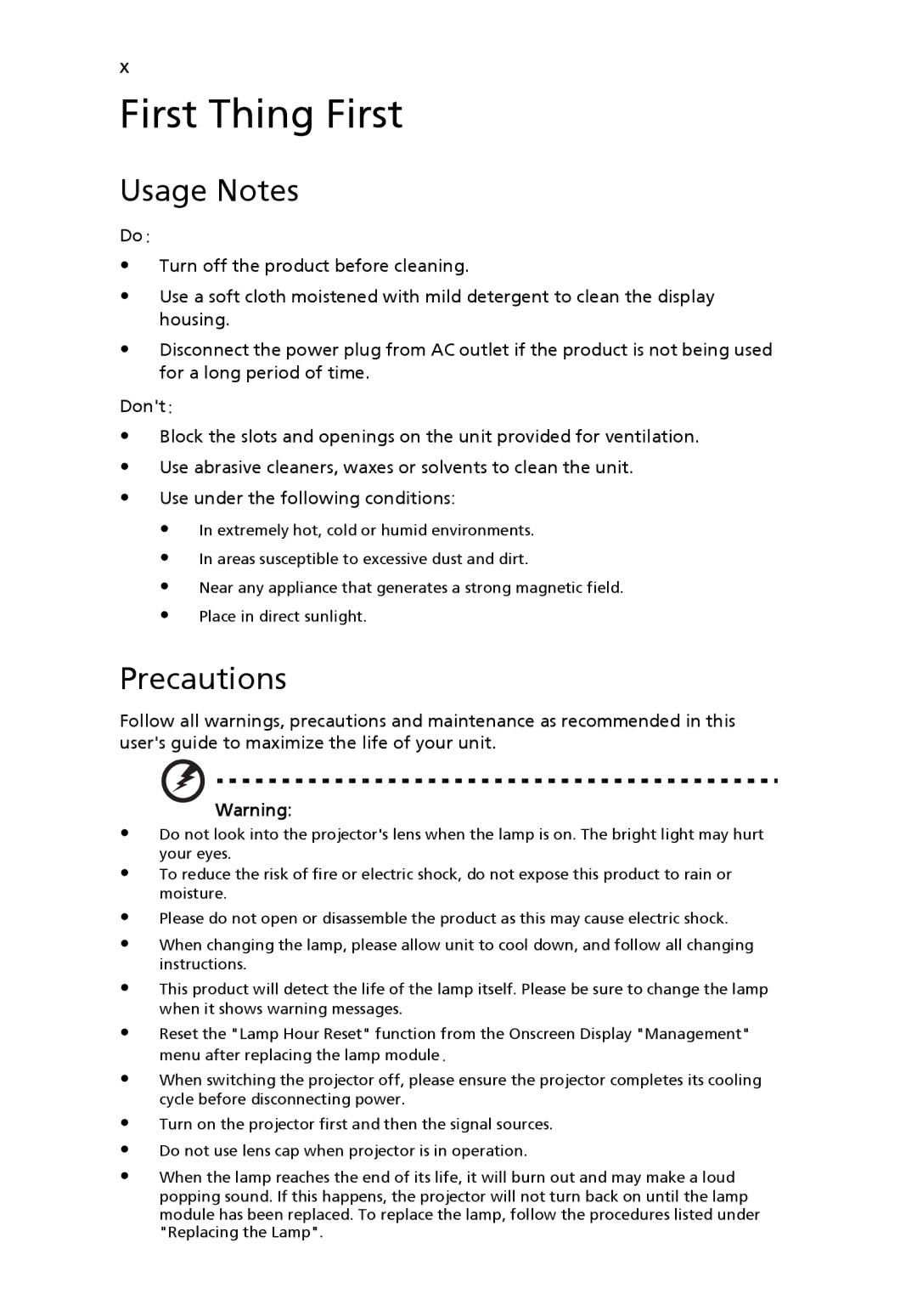 Acer X1230S manual Usage Notes, Precautions 