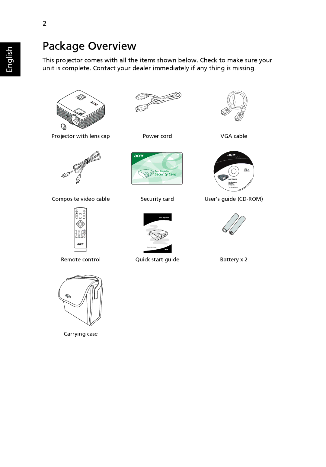 Acer X1230S manual Package Overview 