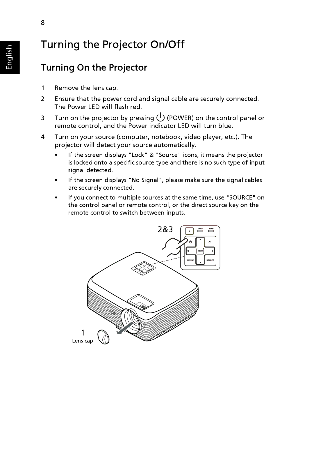 Acer X1230S manual Turning the Projector On/Off, Turning On the Projector 