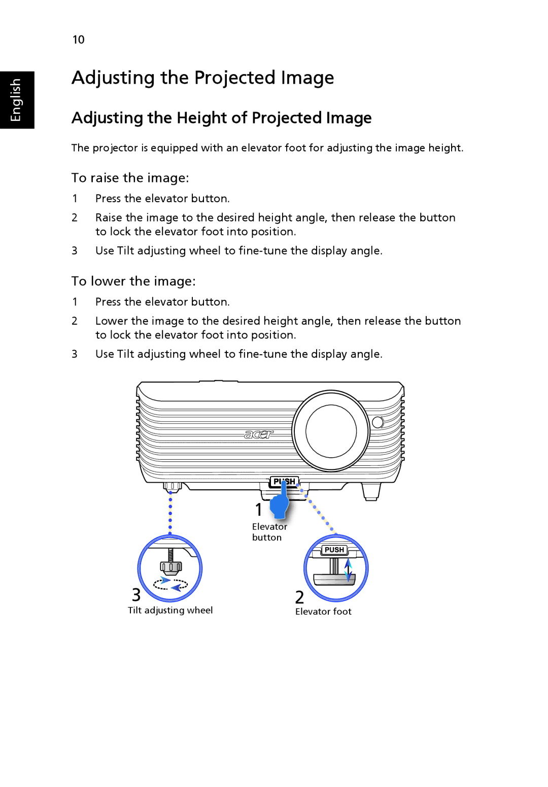 Acer X1230S manual Adjusting the Projected Image, Adjusting the Height of Projected Image 