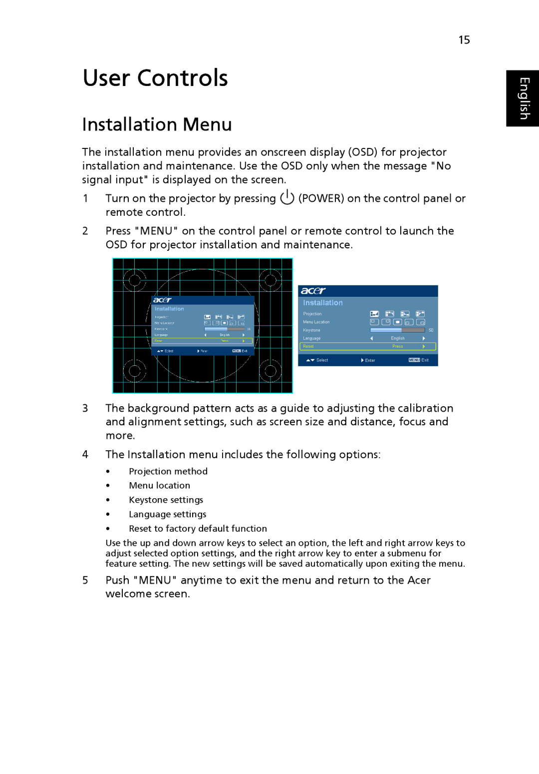 Acer X1230S manual User Controls, Installation Menu 