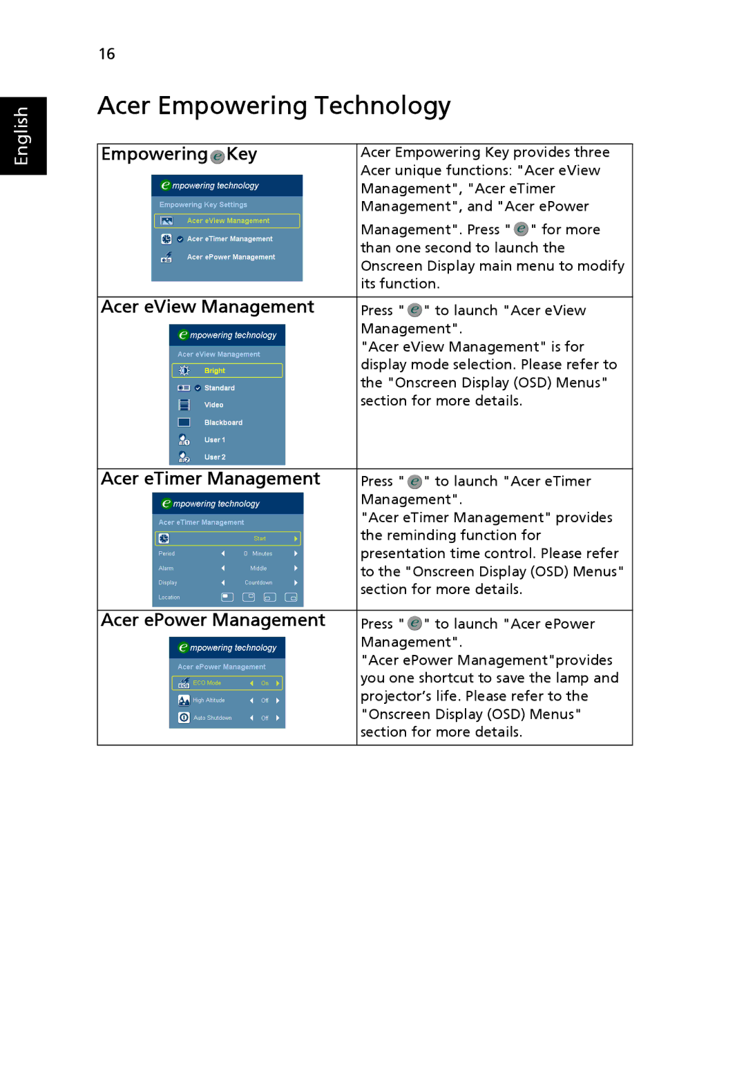 Acer X1230S manual Acer Empowering Technology, Empowering Key 