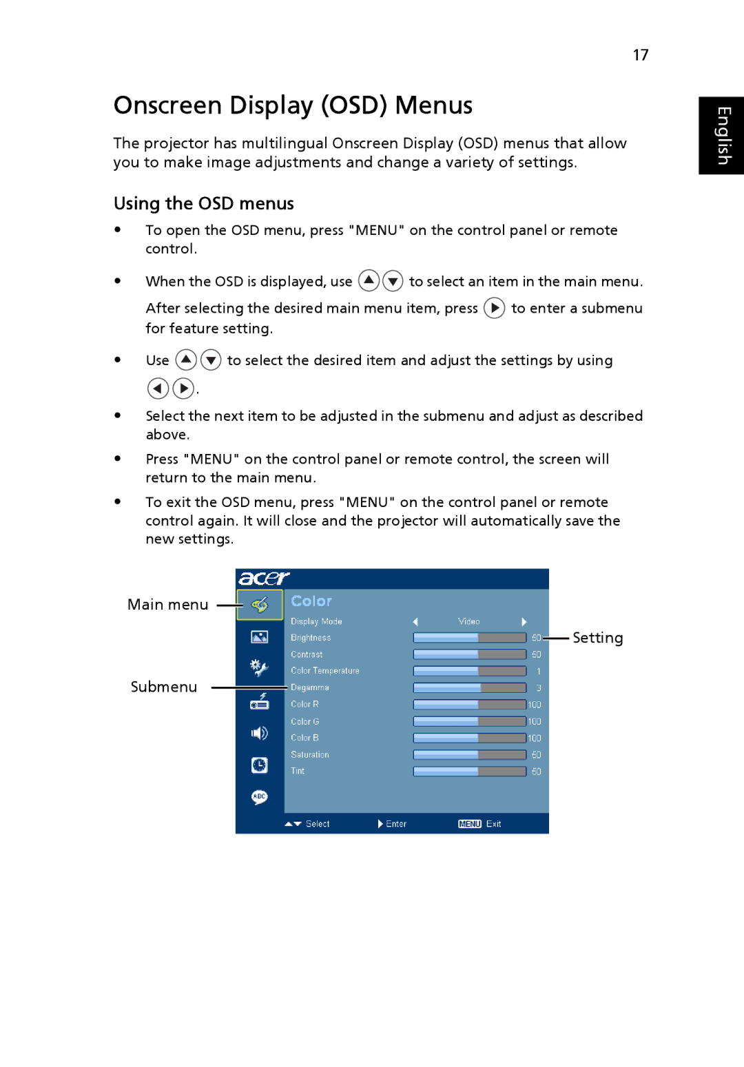 Acer X1230S manual Onscreen Display OSD Menus, Using the OSD menus 