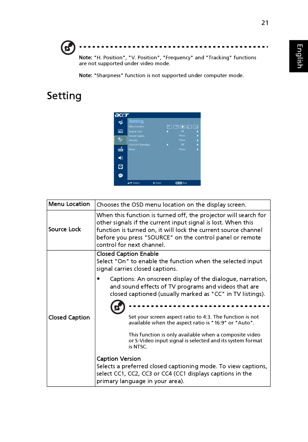 Acer X1230S manual Setting, Menu Location, Source Lock, Closed Caption Enable, Caption Version 