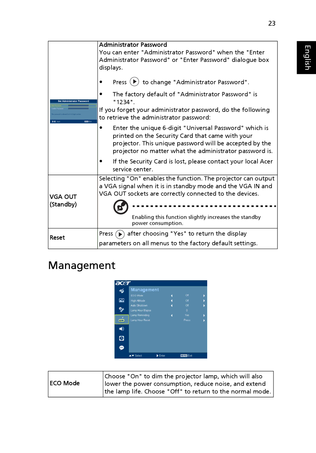 Acer X1230S manual Management, Administrator Password, Reset, ECO Mode 