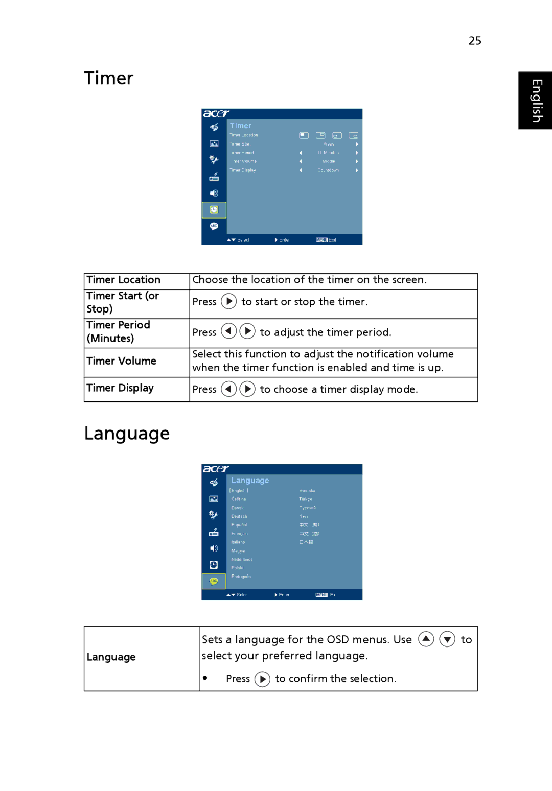 Acer X1230S manual Timer, Language 