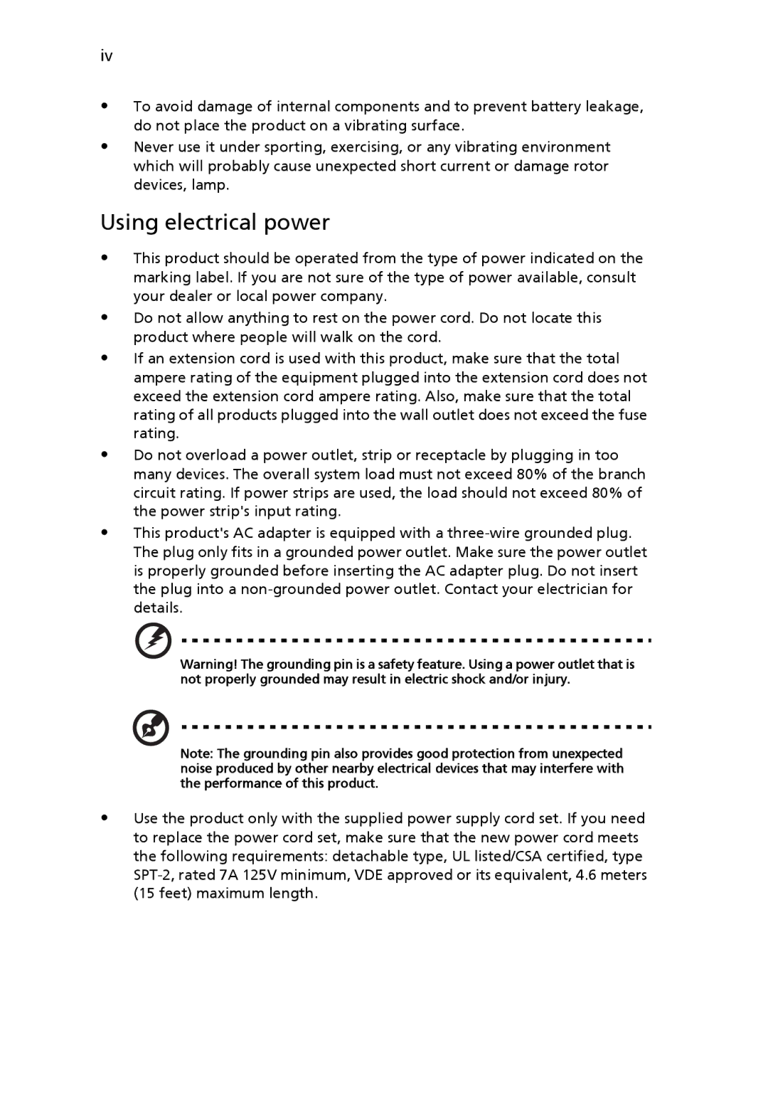 Acer X1230S manual Using electrical power 