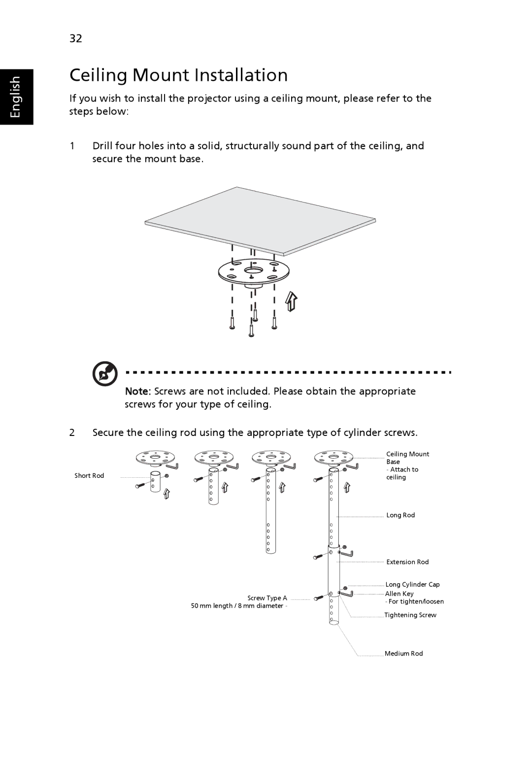 Acer X1230S manual Ceiling Mount Installation 