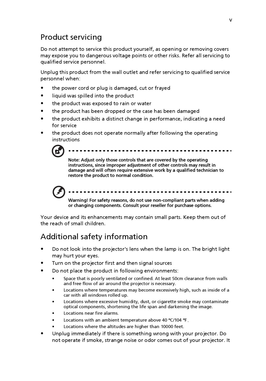 Acer X1230S manual Product servicing, Additional safety information 