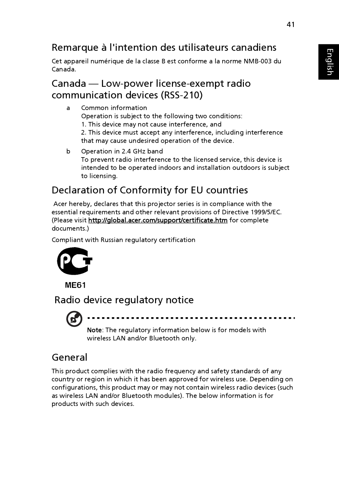 Acer X1230S manual Remarque à lintention des utilisateurs canadiens, Declaration of Conformity for EU countries 