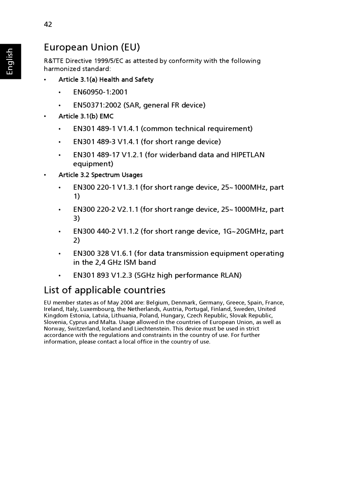 Acer X1230S manual European Union EU, List of applicable countries, Article 3.1a Health and Safety, Article 3.1b EMC 