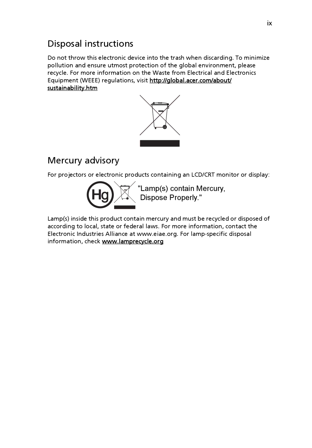 Acer X1230S manual Disposal instructions Mercury advisory 