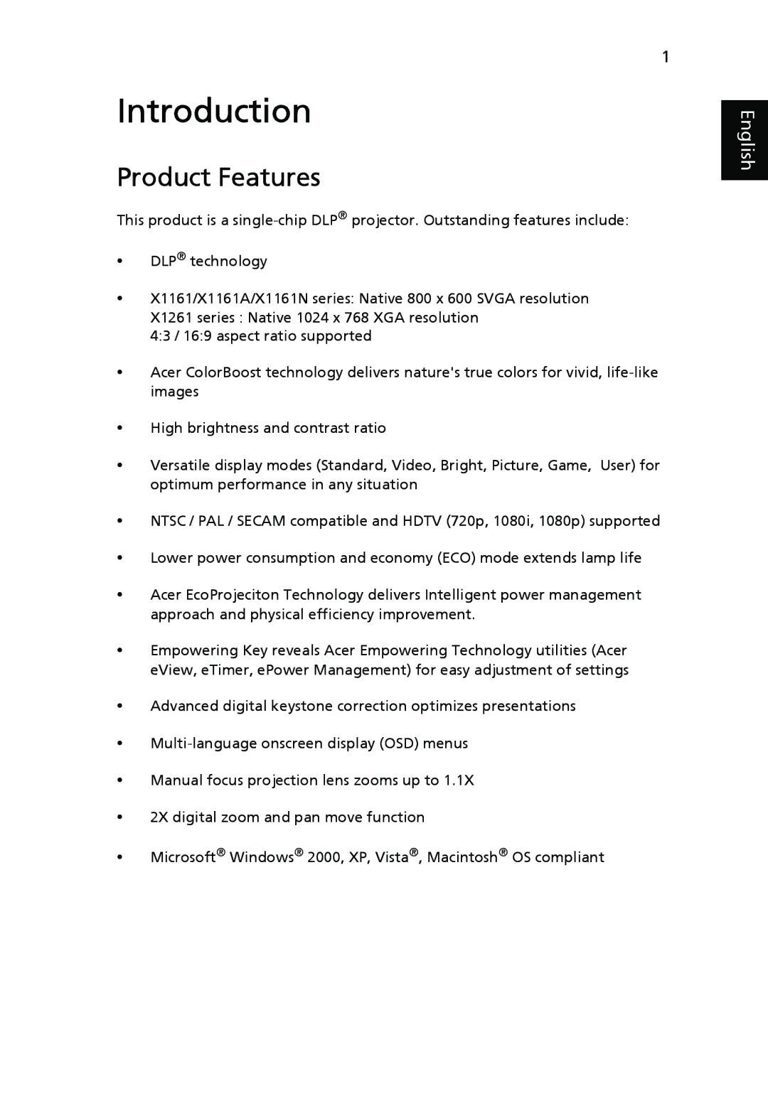 Acer X1161N, X1261, X1161A manual Introduction, Product Features 