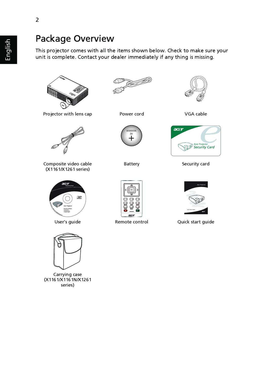 Acer X1261, X1161N, X1161A manual Package Overview 