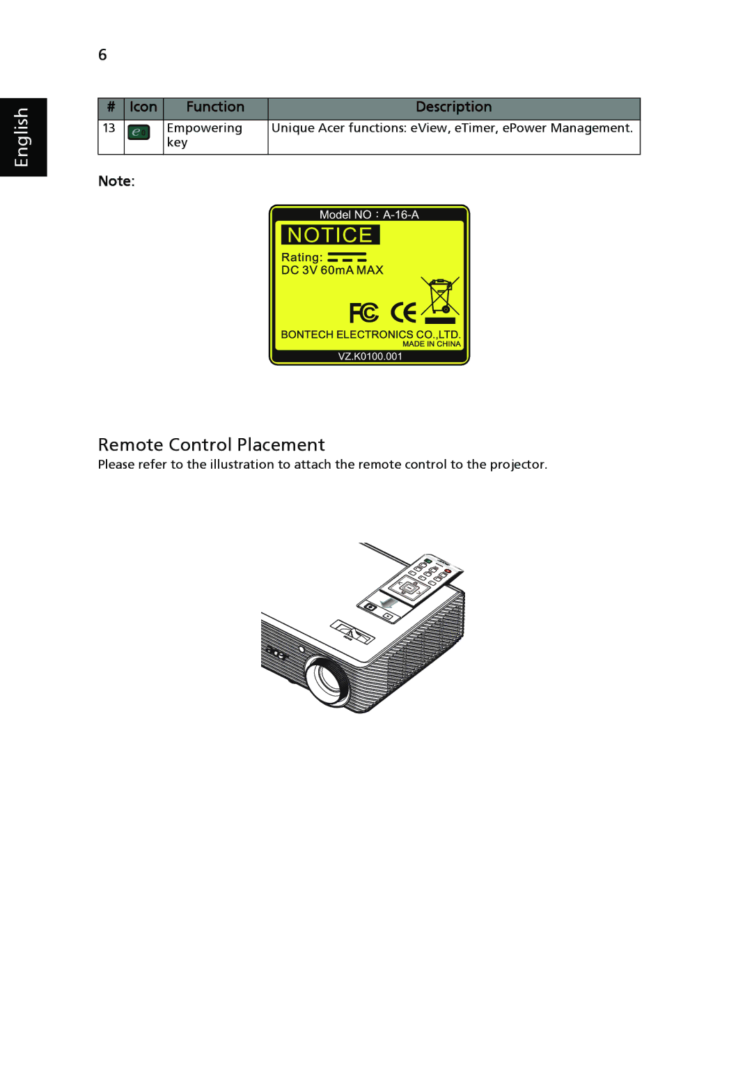 Acer X1261, X1161N, X1161A manual Remote Control Placement 