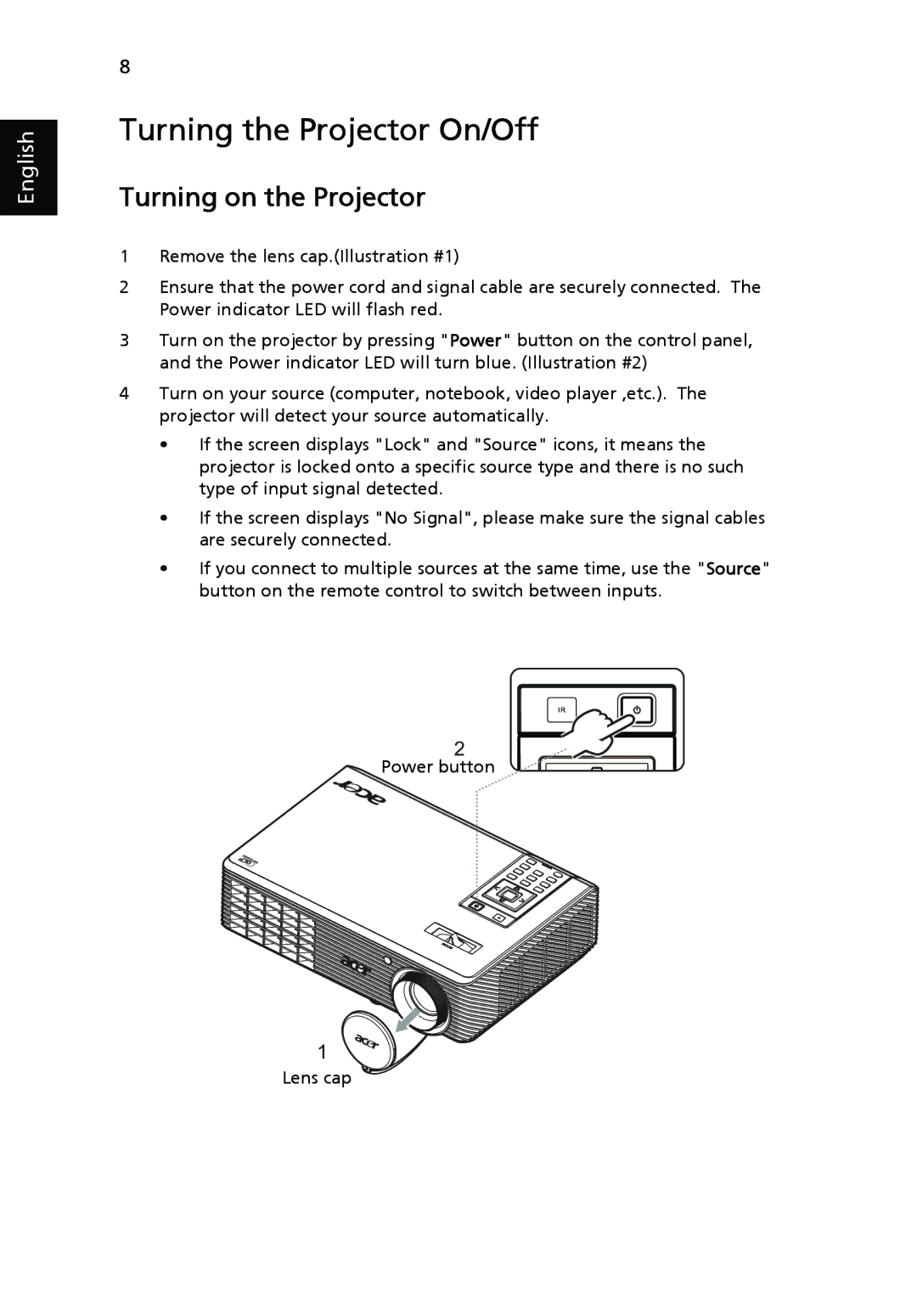 Acer X1261, X1161N, X1161A manual Turning the Projector On/Off, Turning on the Projector 