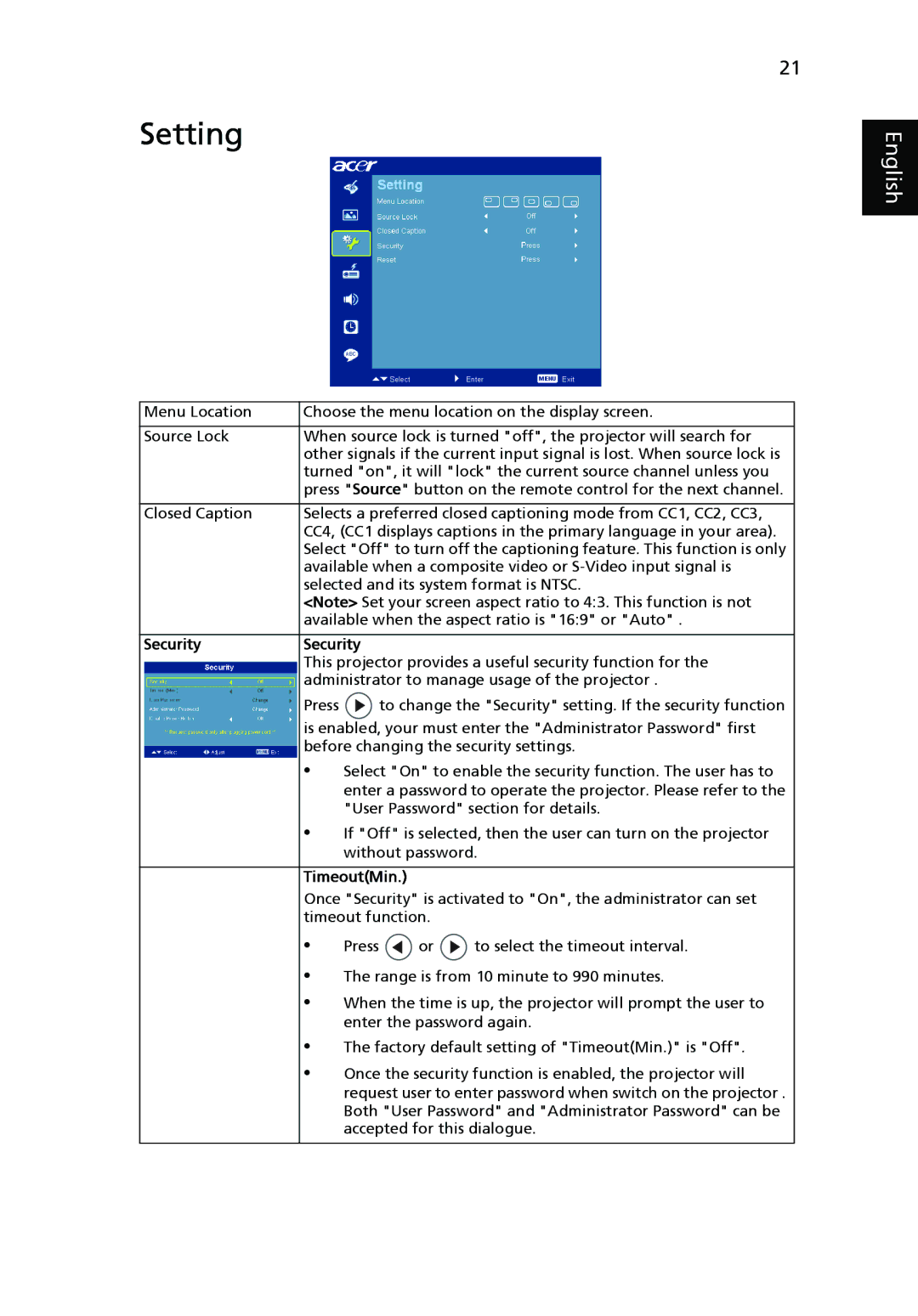 Acer X1161N, X1261, X1161A manual Setting, Security 