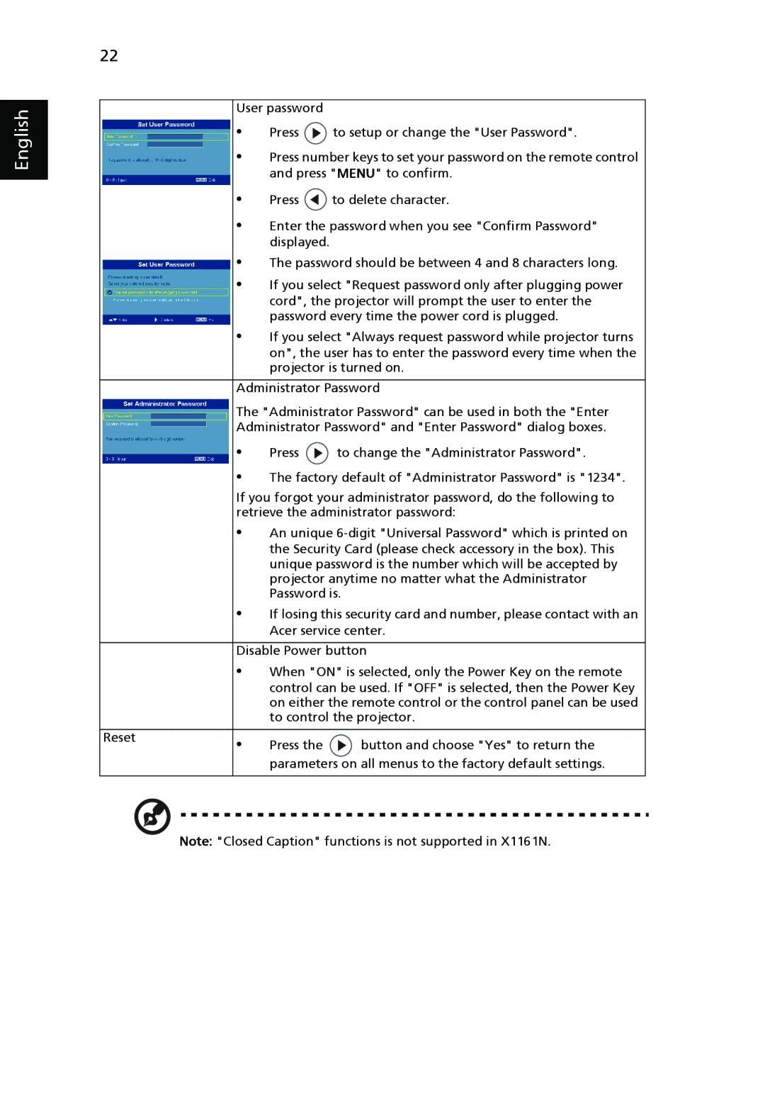 Acer X1261, X1161N, X1161A manual English 