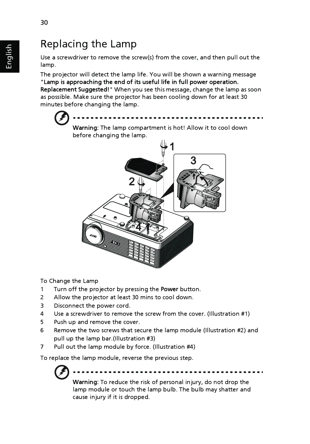 Acer X1261, X1161N, X1161A manual Replacing the Lamp 