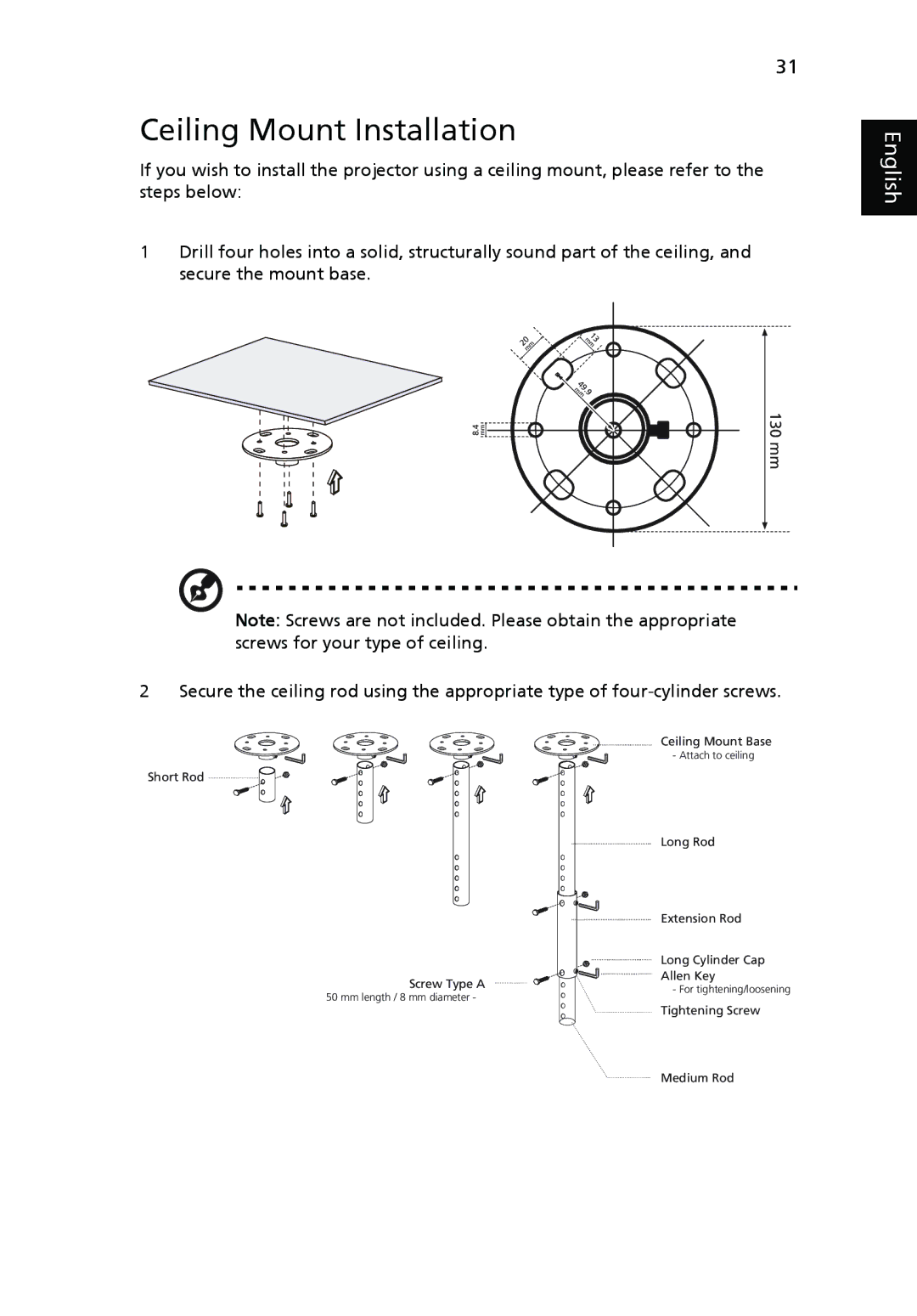 Acer X1161A, X1261, X1161N manual Ceiling Mount Installation 