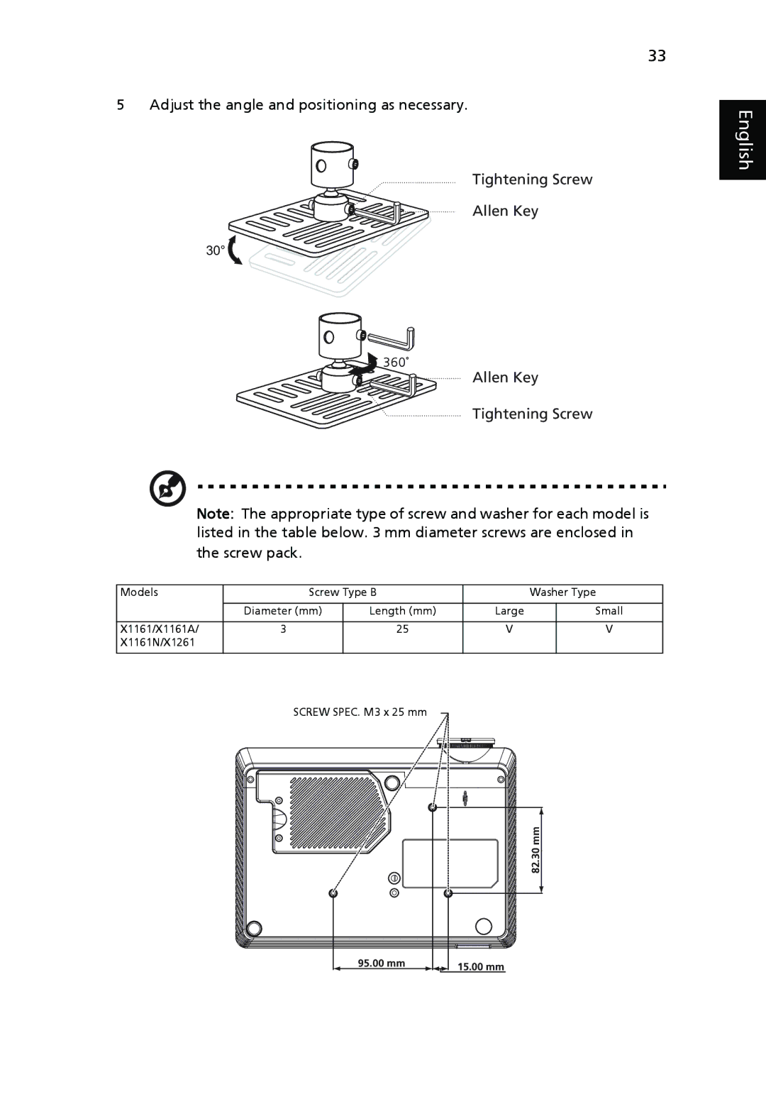 Acer X1161N, X1261, X1161A manual 82.30 mm 95.00 mm 15.00 mm 