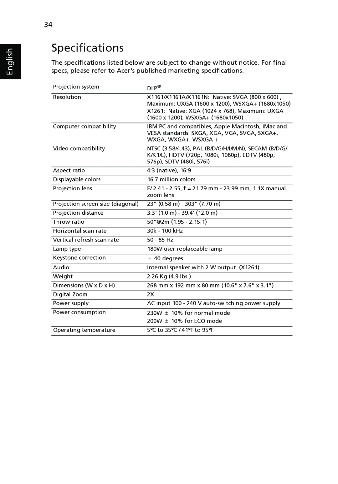 Acer X1261, X1161N, X1161A manual Specifications, Dlp 