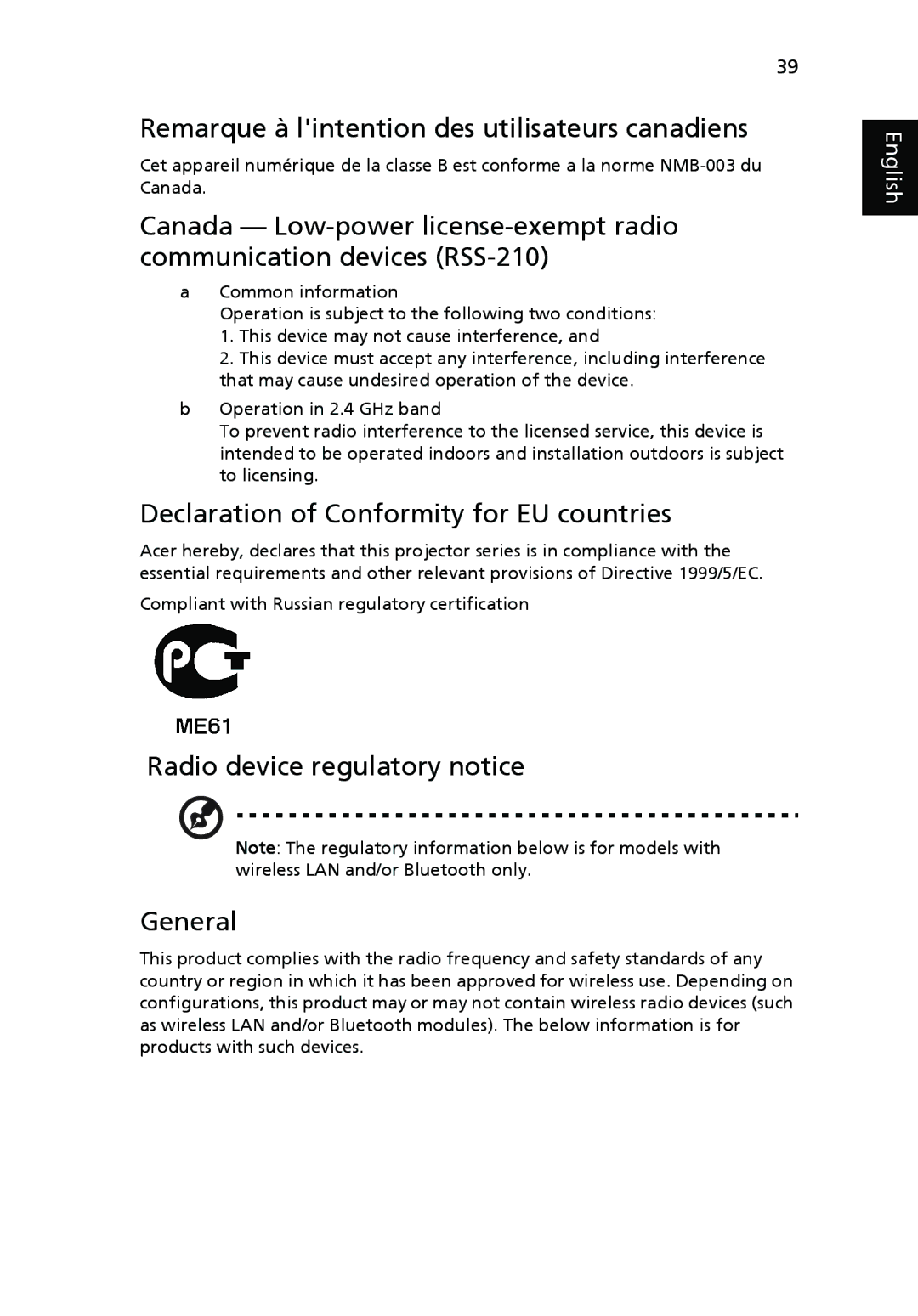 Acer X1161A, X1261, X1161N Remarque à lintention des utilisateurs canadiens, Declaration of Conformity for EU countries 