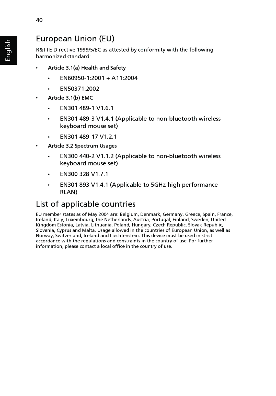 Acer X1261, X1161N, X1161A manual European Union EU, List of applicable countries 