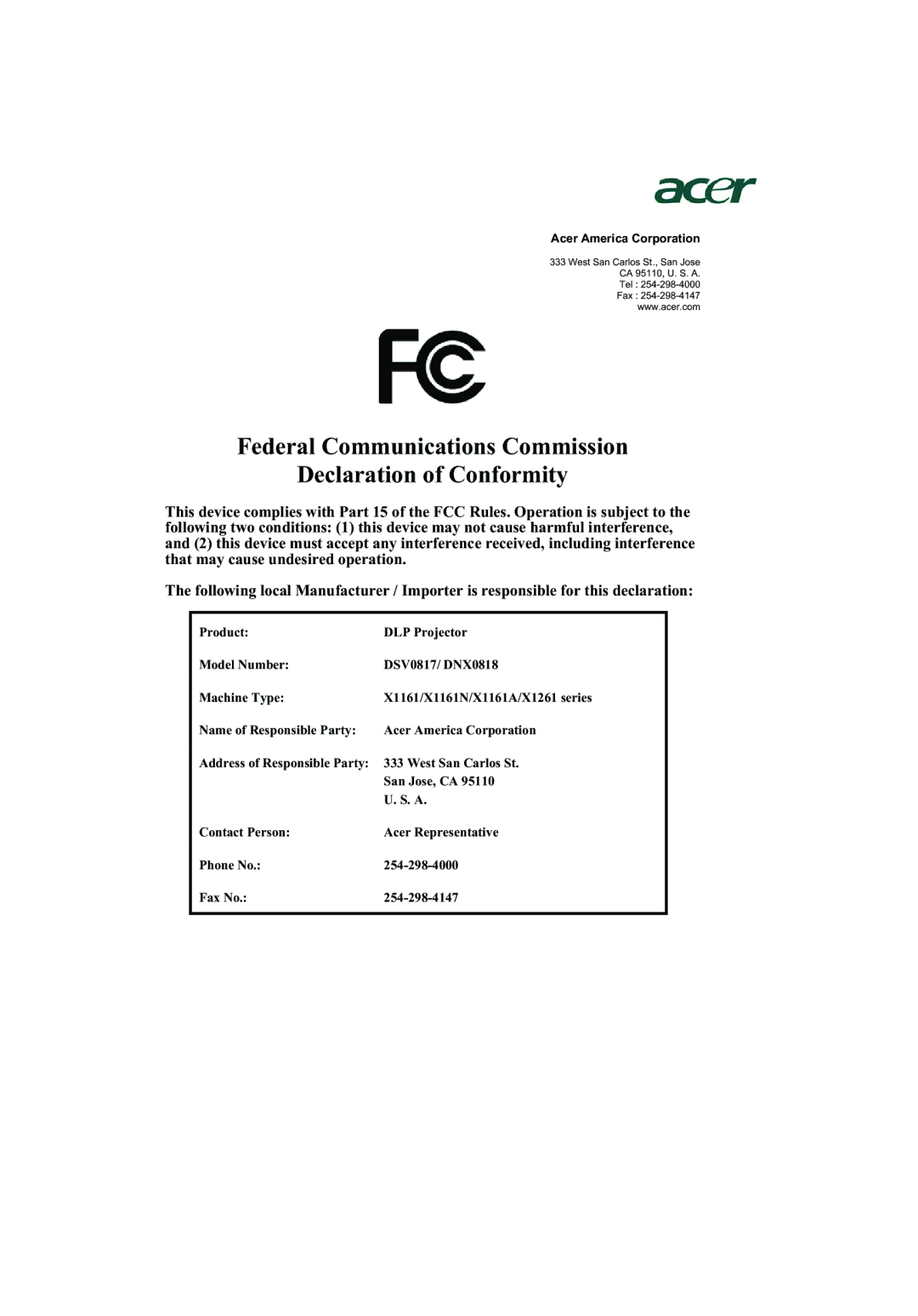 Acer X1161N, X1261, X1161A manual Federal Communications Commission Declaration of Conformity 