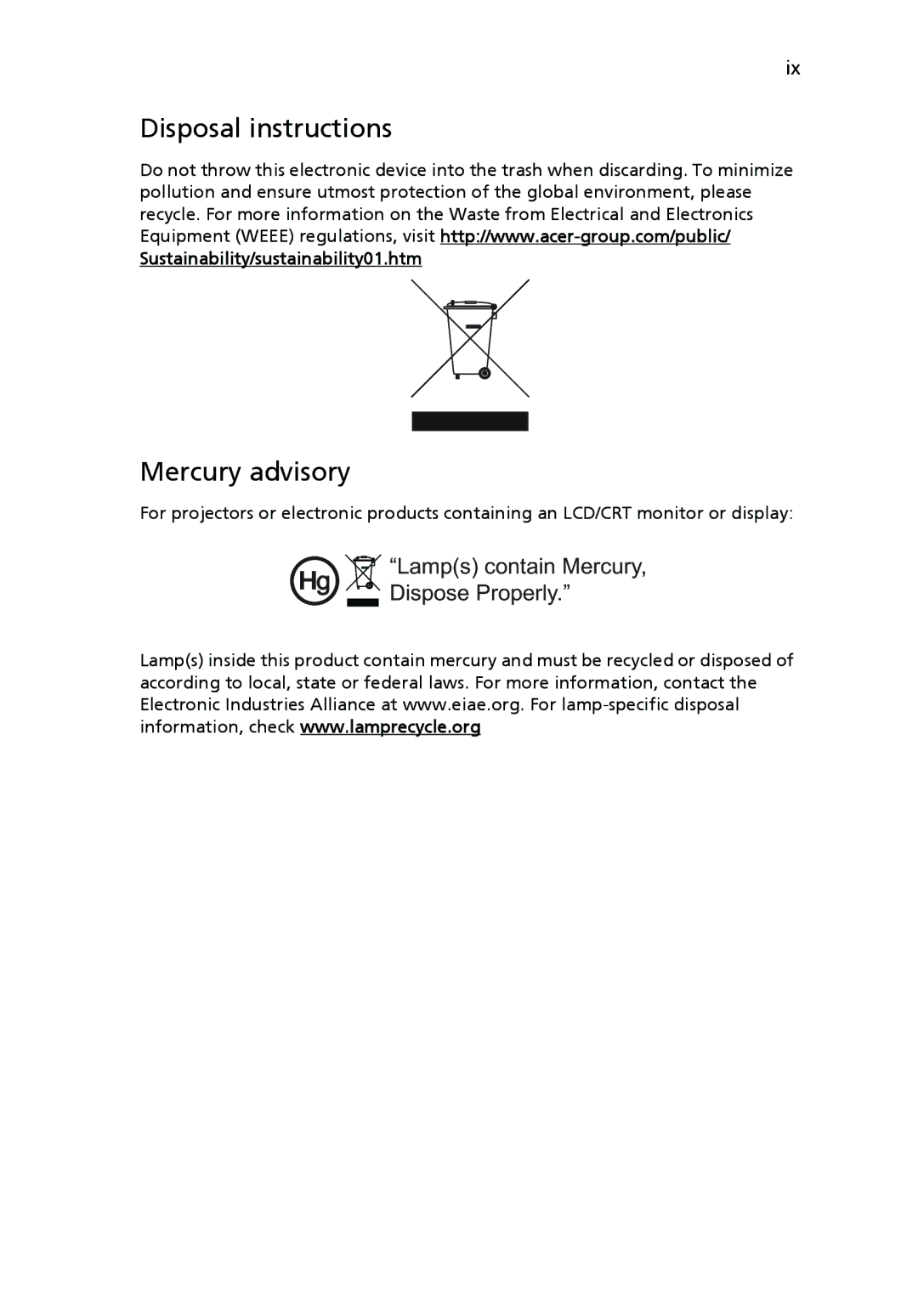 Acer X1161N, X1261, X1161A manual Disposal instructions, Mercury advisory, Lamps contain Mercury, Dispose Properly 