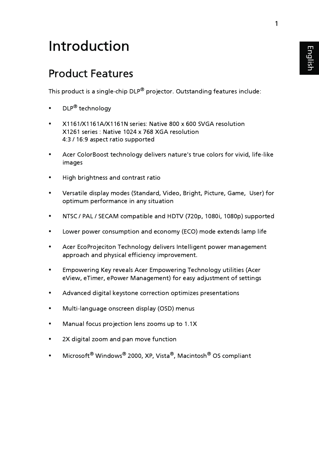 Acer X1161N, X1261, X1161A manual Introduction, Product Features, English 