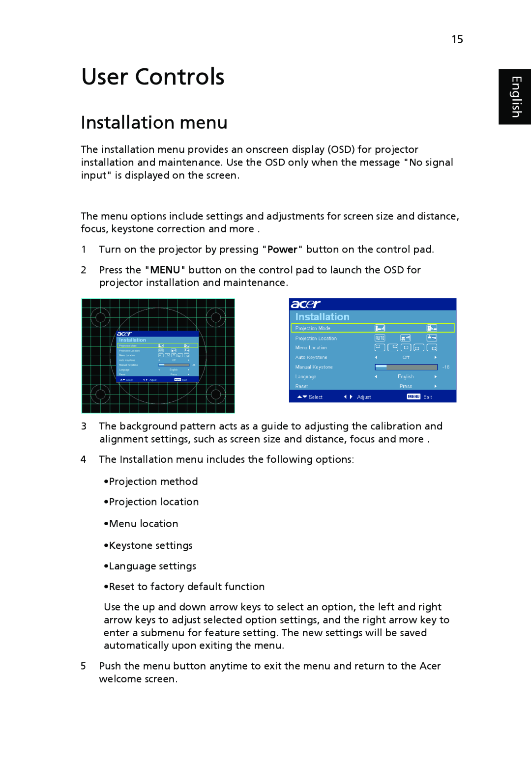 Acer X1161A, X1261, X1161N manual User Controls, Installation menu, English 