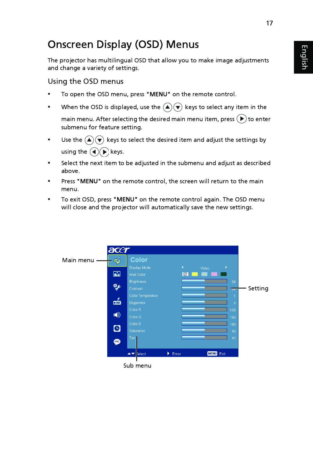 Acer X1161N, X1261, X1161A manual Onscreen Display OSD Menus, Using the OSD menus, English 