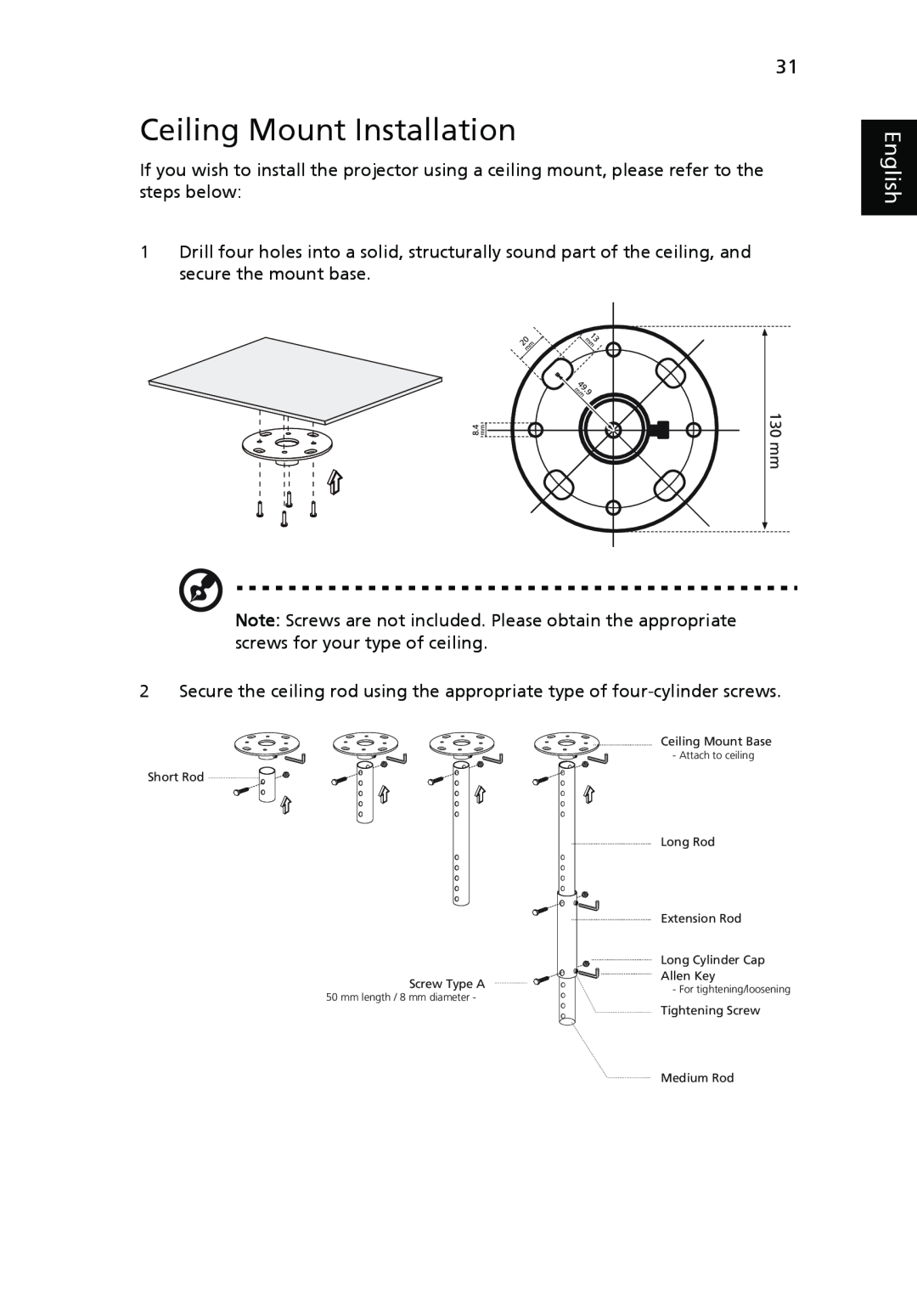 Acer X1161A, X1261, X1161N manual Ceiling Mount Installation, English 