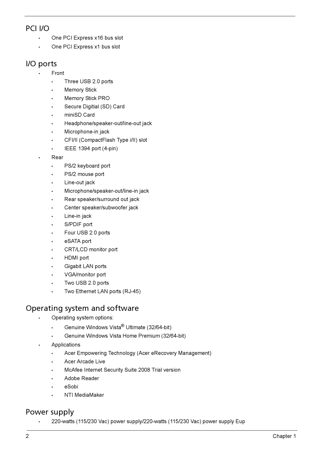 Acer X1301 manual Ports, Operating system and software, Power supply 