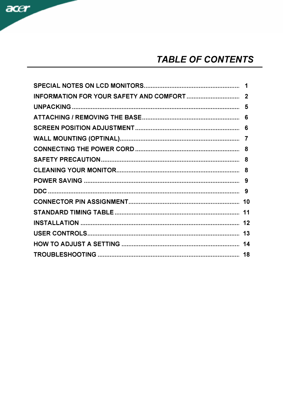 Acer X163W manual Table of Contents 