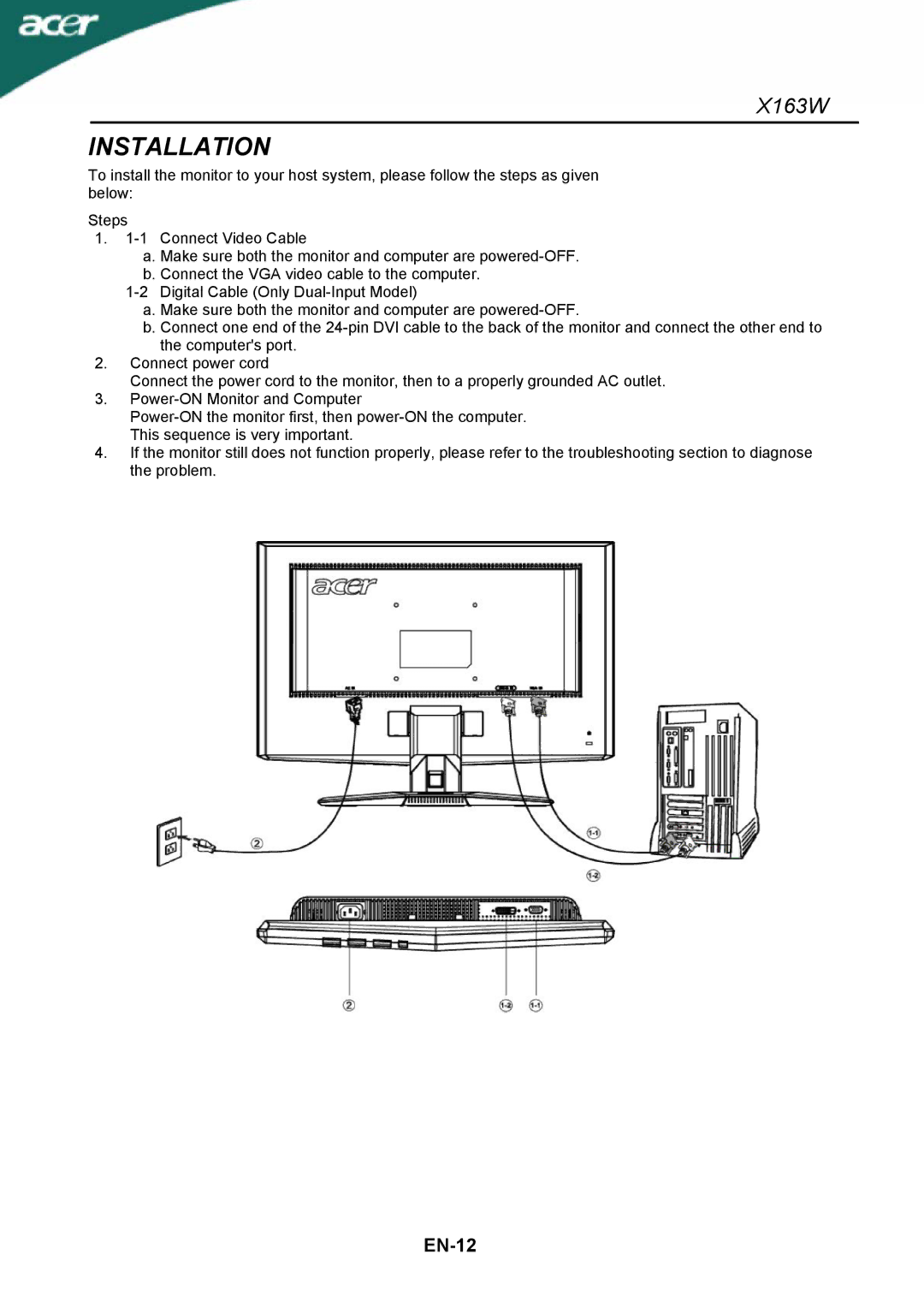 Acer X163W manual Installation 