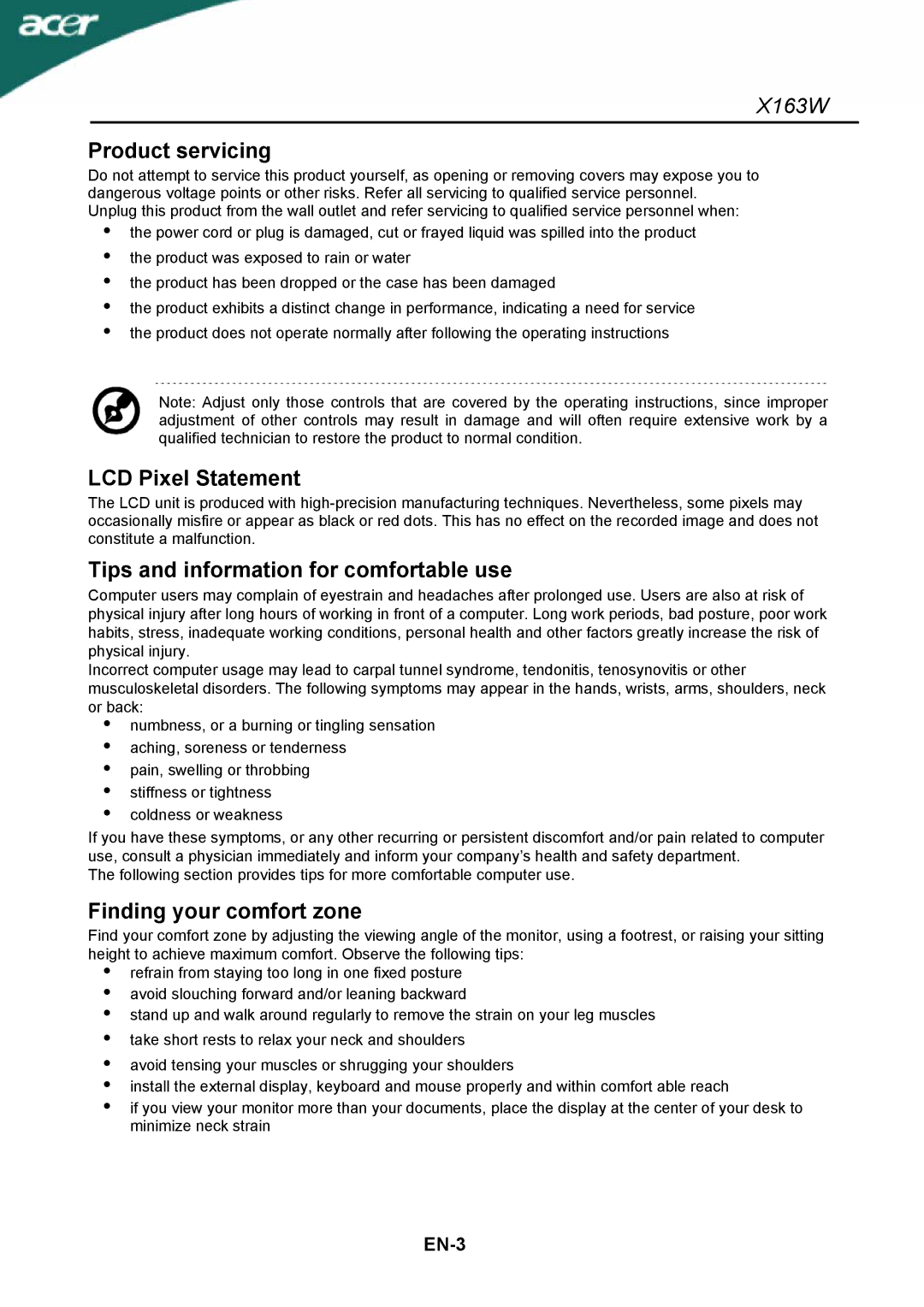 Acer X163W Product servicing, LCD Pixel Statement, Tips and information for comfortable use, Finding your comfort zone 